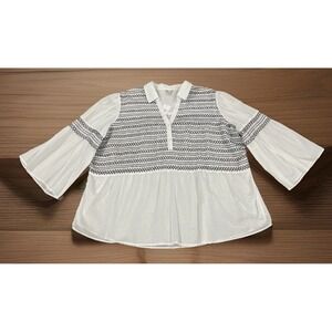 Cato Size 26/28W Black~White Blouse‎ Long Bell Sleeves Embroidery Trim